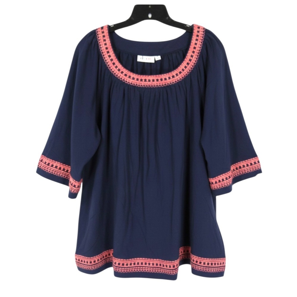 D&CO DENIM COMPANY Navy Twill CORAL EMBROIDERED Pleated PEASANT BLOUSE/TOP Sz 3X